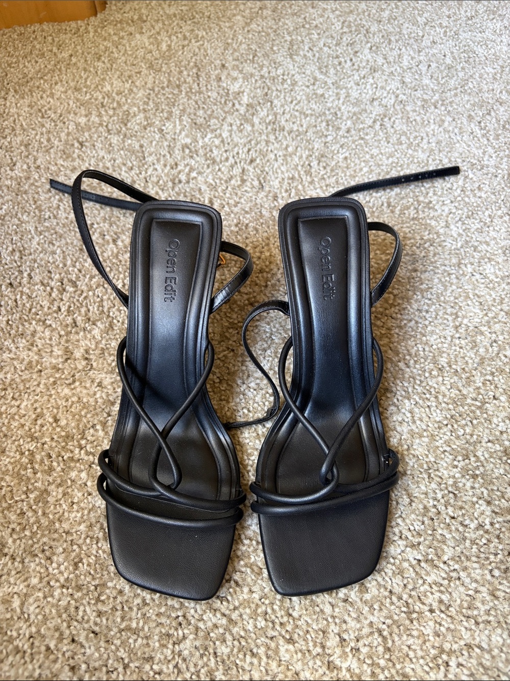 Open Edit Black Strappy Square-Toe Lace-Up Heels